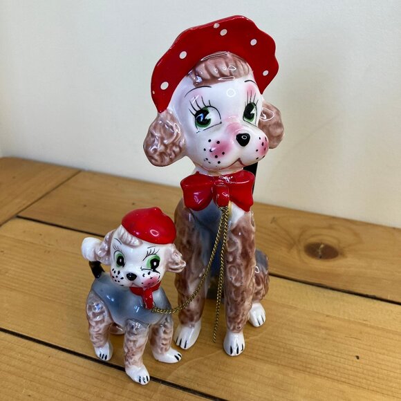 Big Eye Poodle Dog Ceramic Figurine with Puppy Vintage Made in Japan *Repaired - Picture 1 of 11